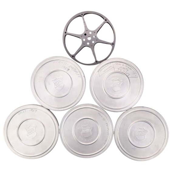 Vintage Bell & Howell 8mm Film Canisters Set Of 5 With 1 Reel 1950s 5 Inch Metal - Picture 1 of 12